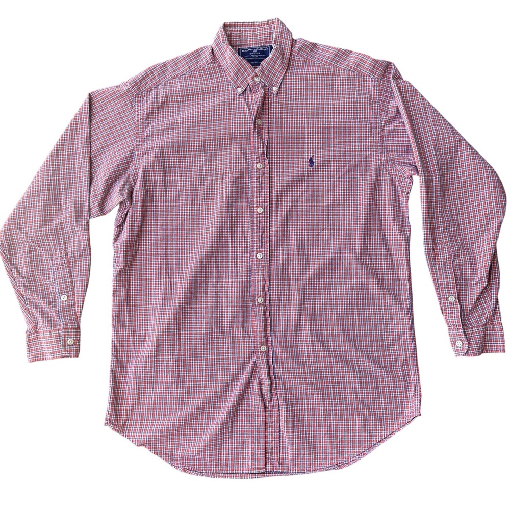 Vintage Polo Sport Ralph Lauren Mens Medium Orange Blue Check Button Down Shirt